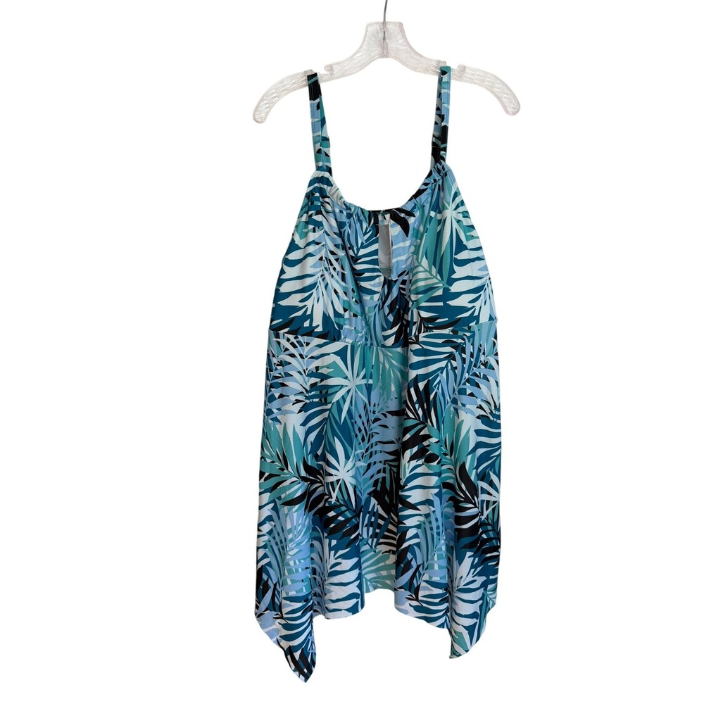 Tankini Swim Top 1X Blue Tropical Palm Leaf Print Handkerchief Hem